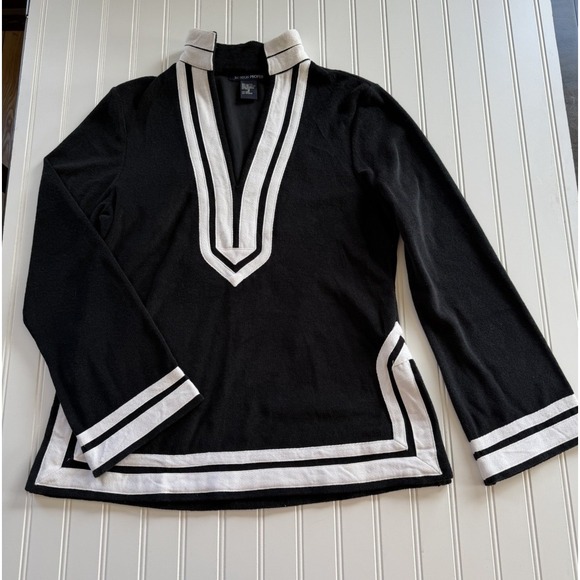 Boston Proper Tops - Boston Proper Womens Terry Cloth Tunic Top M Black White Trim V Neck Long Sleeve
